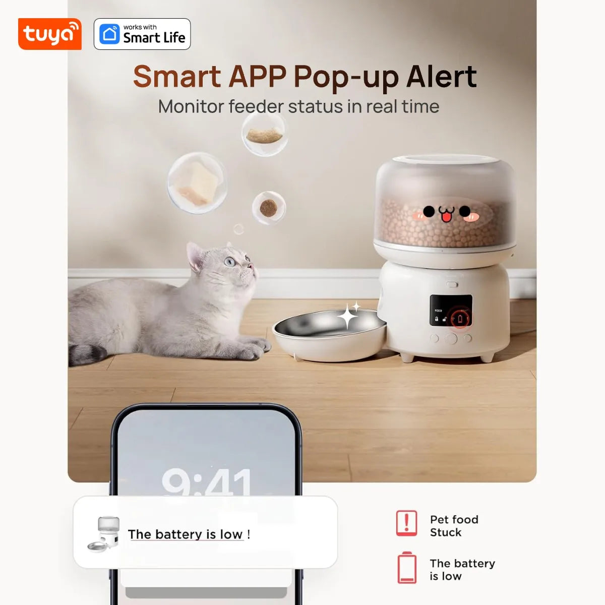 Tuya Automatic Cat Feeders:3L,Dly Stickers,Timed and Quantitative Feeding,Appremote Contropetl,Pet Feeder with SUS304 Bowl,White