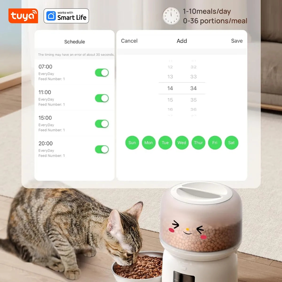 Tuya Automatic Cat Feeders:3L,Dly Stickers,Timed and Quantitative Feeding,Appremote Contropetl,Pet Feeder with SUS304 Bowl,White