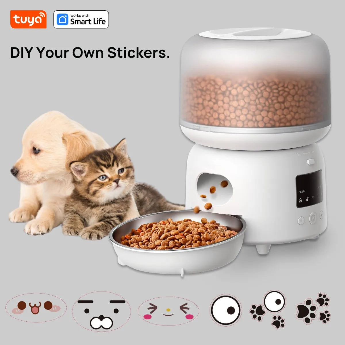 Tuya Automatic Cat Feeders:3L,Dly Stickers,Timed and Quantitative Feeding,Appremote Contropetl,Pet Feeder with SUS304 Bowl,White