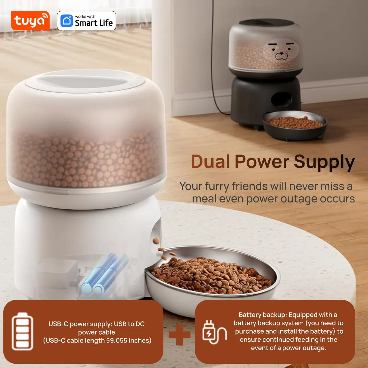 Tuya Automatic Cat Feeders:3L,Dly Stickers,Timed and Quantitative Feeding,Appremote Contropetl,Pet Feeder with SUS304 Bowl,White