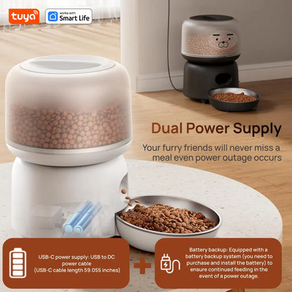 Tuya Automatic Cat Feeders:3L,Dly Stickers,Timed and Quantitative Feeding,Appremote Contropetl,Pet Feeder with SUS304 Bowl,White