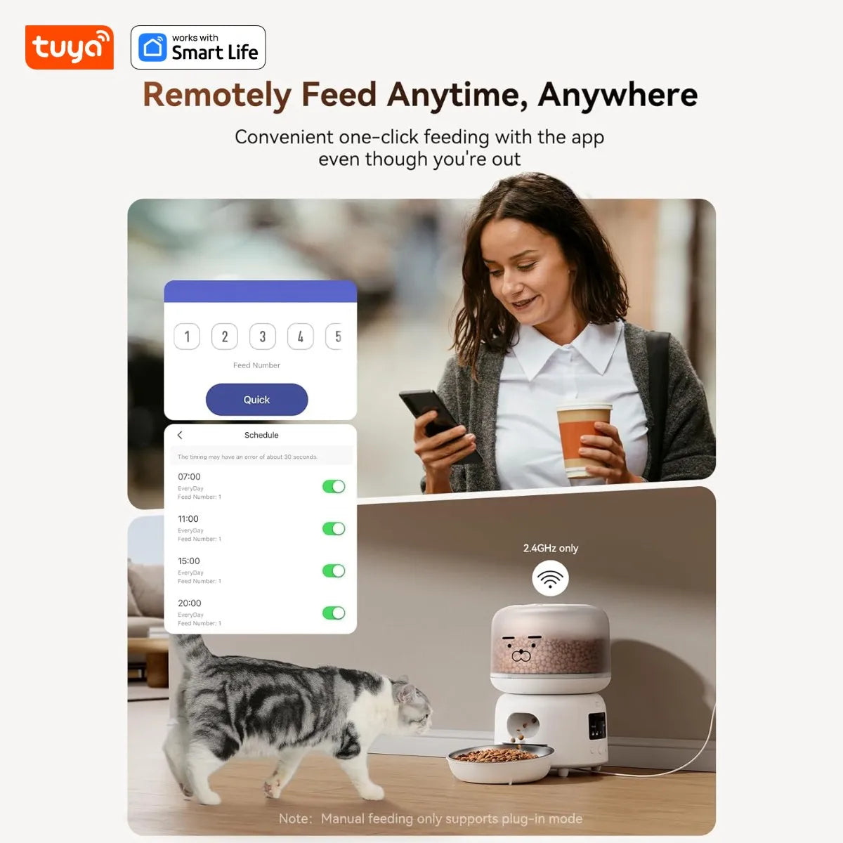 Tuya Automatic Cat Feeders:3L,Dly Stickers,Timed and Quantitative Feeding,Appremote Contropetl,Pet Feeder with SUS304 Bowl,White